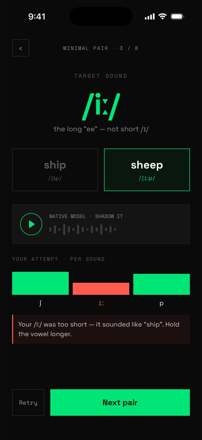 Minimal pair drill for ship and sheep