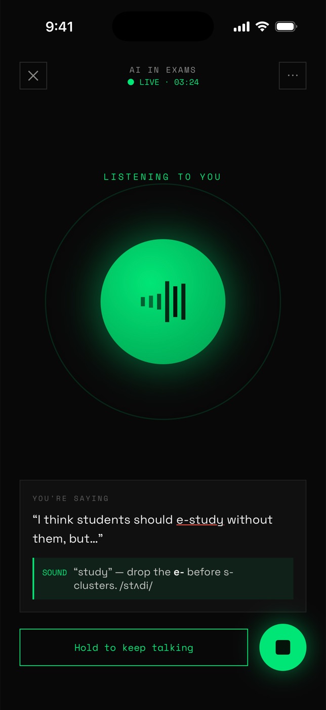 A live session: the tutor listening while you speak, with a correction for “e-study”.