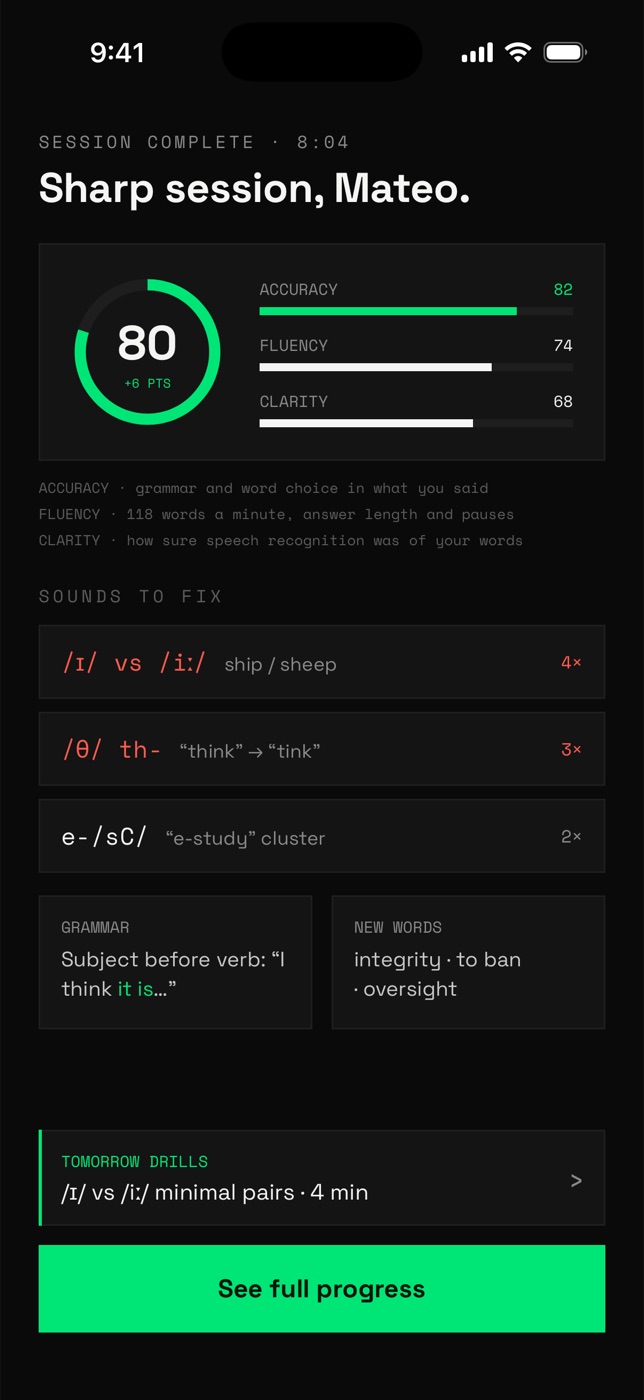 Post-session report with accuracy, fluency and clarity